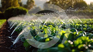 Irrigation of plantation. Sprinkler irrigates vegetable crops