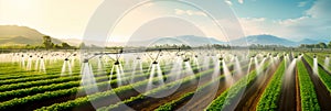 Irrigation system in action. An overhead view of a farm with a functioning modern irrigation system, showing the network