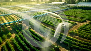 Irrigation system in action. An overhead view of a farm with a functioning modern irrigation system, showing the network