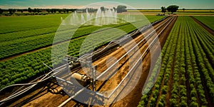 Irrigation system in action. An overhead view of a farm with a functioning modern irrigation system, showing the network