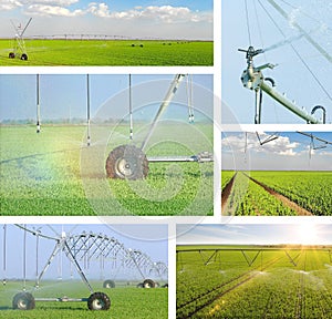 Irrigation system on agricultural field in the dry season photo