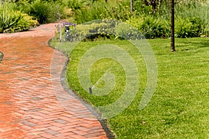 Irrigation system watering garden lawn. Landscape design.