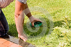 Irrigation system watering garden lawn. Landscape design.