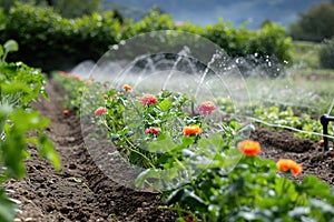 Irrigation systems such as drip irrigation, soaker hoses, and sprinkler placement based on plant types and water requirements