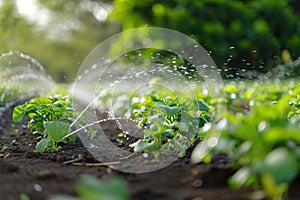 Irrigation systems such as drip irrigation, soaker hoses, and sprinkler placement based on plant types and water requirements