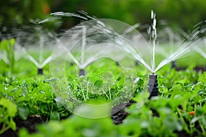 Irrigation systems such as drip irrigation, soaker hoses, and sprinkler placement based on plant types and water requirements