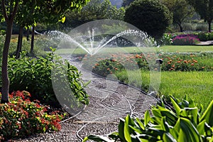 Irrigation systems such as drip irrigation, soaker hoses, and sprinkler placement based on plant types and water requirements