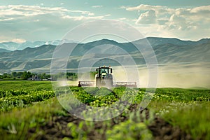 irrigation tractor driving spraying or harvesting an agricultural crop