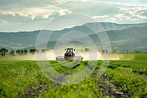 irrigation tractor driving spraying or harvesting an agricultural crop