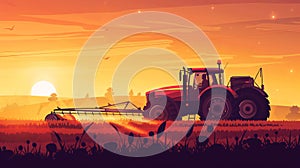 irrigation tractor driving spraying or harvesting an agricultural crop at sunset