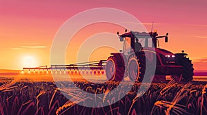 irrigation tractor driving spraying or harvesting an agricultural crop at sunset