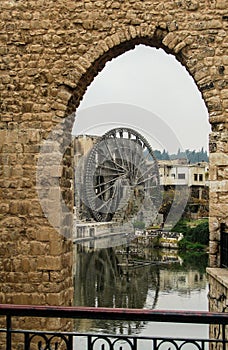 Irrigation Water-wheel norias in Hama on Orontes river Syria photo