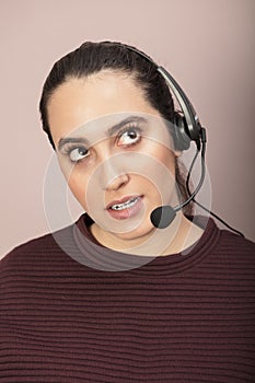 Irritated young call center operator