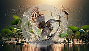 Irritator Skillfully Fishing in Shallow Waters, Catching Prey Amid Splashes and Aquatic Plants photo