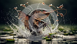 Irritator Skillfully Fishing in Shallow Waters, Catching Prey Amid Splashes and Aquatic Plants photo