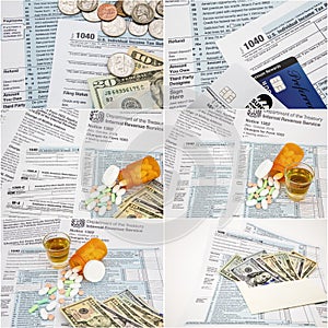 IRS income tax time forms 1040 narcotics drugs money collage