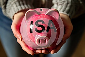 An ISA piggy bank money box. Individual savings account