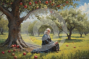 Isaac Newton the famous scientist sit under apple tree