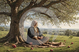 Isaac Newton the famous scientist sit under apple tree