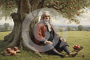 Isaac Newton the famous scientist sit under apple tree