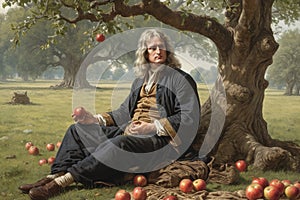 Isaac Newton the famous scientist sit under apple tree