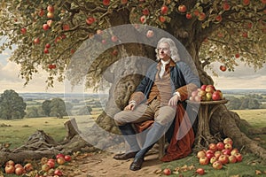 Isaac Newton the famous scientist sit under apple tree