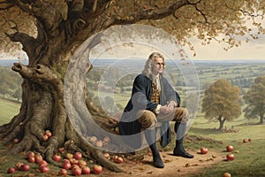 Isaac Newton the famous scientist sit under apple tree