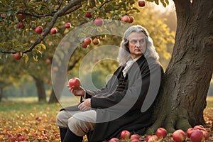 Isaac Newton the famous scientist sit under apple tree