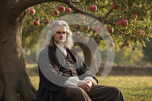 Isaac Newton the famous scientist sit under apple tree