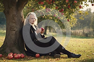 Isaac Newton the famous scientist sit under apple tree