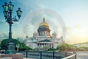 Isaac`s Cathedral or Isaakievskiy Sobor in Saint Petersburg. Beautiful summer view with blue sky