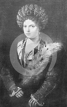 Isabella D`Este by Titian in the vintage book Leonardo da Vinci by A.L. Volynskiy, St. Petersburg, 1899