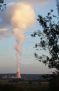 Isar Nuclear Power Plant with cooling tower exhaust in Germany