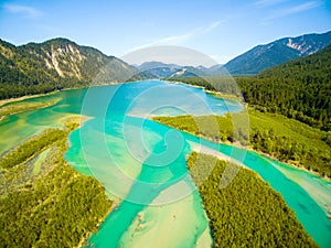 Isar River that flows to Sylvenstein Lake in Bavarian Alps.