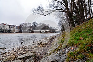 Isar River passing through Munich and the cityscape around the riverbank, Germany