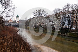 Isar River passing through Munich and the cityscape around the riverbank, Germany