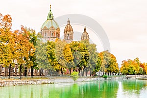 Isar river an St. Anna churchautumn landscape by Lehel in Munich