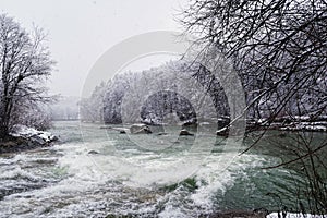 Isar river in wintertime with snow
