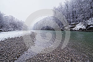 Isar river in wintertime with snow