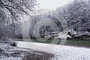 Isar river in wintertime with snow