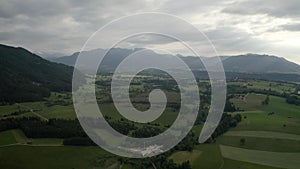 Isartal Karwendel mountains. Aerial Drone Shot. Isar river, Bavaria, Bad Toelz Greiling, Germany