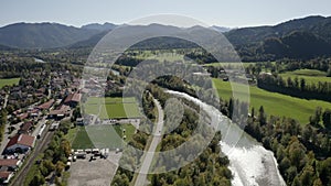 Isartal Karwendel mountains. Isar river. Soccerfield. Lenggries