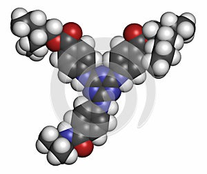 Iscotrizinol sunscreen molecule (UV filter). Atoms are represented as spheres with conventional color coding: hydrogen (white),