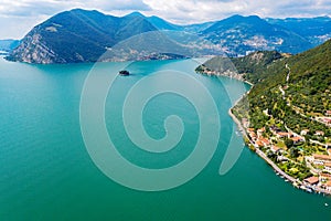 Iseo Lake IT, Peschiera Maraglio, aerial