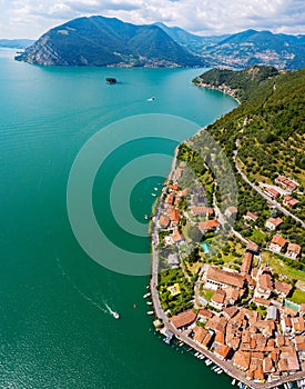 Iseo Lake IT, Peschiera Maraglio, aerial photo