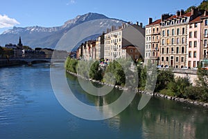 Isere river in Grenoble and Vercors Mountains