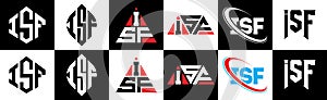 ISF letter logo design in six style. ISF polygon, circle, triangle, hexagon, flat and simple style with black and white color photo