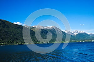 Isfjorden fjord and adjacent mountains near Andalsnes, Norway