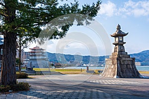 Ishiba tsu night light monument, on the shore of Lake Biwa. Otsu, Shiga Prefecture, Japan.
