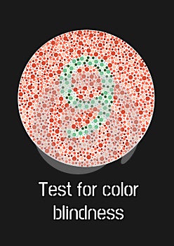 Ishihara test for color blindness. Color blind test. Green number 9 for colorblind people. Vector illustration.